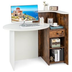 COSTWAY Front Reception Counter Desk Checkout Office Desk With Open Shelf & Lockable Drawer