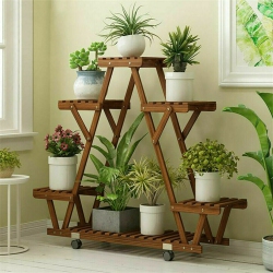 UNHO Plant Stand \w Wheels Indoor Outdoor Wood Plants Shelf for Multiple Plants 6 Pots, Tall Large Flower Holder for Living Room, Patio, Balcony