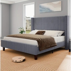 BOLDDECO 50.8" Upholstered Platform Bed Frame, Corduroy Bed Frame With Wingback Headboard With Solid Wood Legs, No Box Spring Needed-Grey