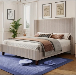 BOLDDECO 50.8" Upholstered Platform Bed Frame, Corduroy Bed Frame With Wingback Headboard With Solid Wood Legs, No Box Spring Needed-Taupe