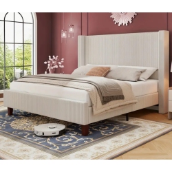 BOLDDECO 50.8" Upholstered Platform Bed Frame, Corduroy Bed Frame With Wingback Headboard With Solid Wood Legs, No Box Spring Needed-Beige