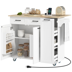 HOMCOM Rolling Kitchen Island \w Drop Leaf, Power Outlet, Wood Top, Storage, Kitchen Cart \w 2 Drawers, 2 Cabinets, Adjustable Shelf, Spice & Towel