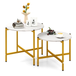 COSTWAY Round Coffee Table Set Of 2 21.5" & 25.5" Nesting Coffee Tables Circle End Table Brown/white