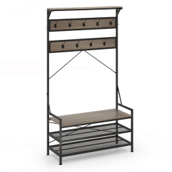 COSTWAY Coat Rack 4-In-1 Hall Tree With 11 Hanging Hooks, Shoe Bench, 2-Tier Shoe Rack Gray/brown