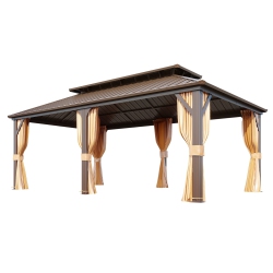 EROMMY 12' X 20' Hardtop Gazebo With Double Galvanized Steel Roof & Aluminum Frame - Outdoor Pergola With Premium Curtains & Netting In Brown