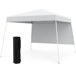 COSTWAY 10 X 10Ft Pop Up Canopy Tent With 1 Sidewall, Portable Backpack, 4 Stakes Slant Leg Blue/white/pinl/gray