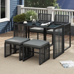 COSTWAY 5 PCs Pe Wicker Patio Dining Set Outdoor Conversation Set With Cushions