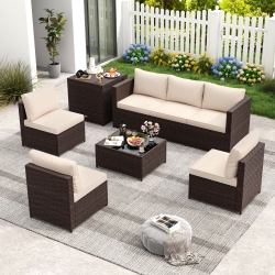 COSTWAY 8 PCs Patio Furniture Set With Storage Box & Tempered Glass Coffee Table In Beige
