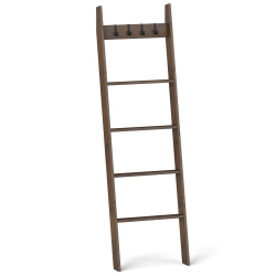 COSTWAY Bamboo Blanket Ladder 5-Tier Ladder Shelf With 4 Removable Hooks Blanket Holder
