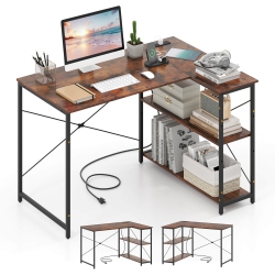 COSTWAY L-Shaped Computer Desk With Power Outlets Adjustable Shelf Heavy-Duty Metal Frame Brown/white/black