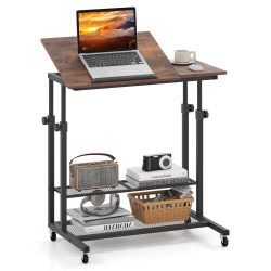COSTWAY Mobile Stand Up Desk With Tilting Tabletop Storage Shelves Wheels for Living Room Gray/brown