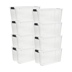 STERILITE 70 Qt Clear Plastic Stackable Storage Bin W/ Latch Lid, (8 Pack) In White