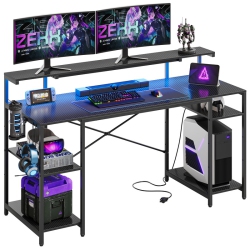 BESTIER 55 In. Gaming Desk With Led Light Carbon Fiber Computer Desk for Home Office In Black