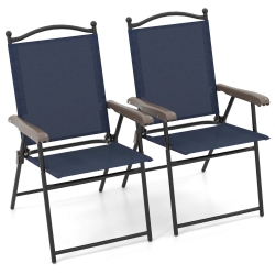 COSTWAY Patio Folding Chairs Set Of 2 With Armrests Outdoor Portable Camping Chairs In Navy
