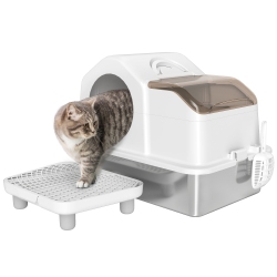 PAWHUT Stainless Steel Cat Litter Box \w Removable Lid, Extra Large Enclosed Litter Box \w High Sided, Mats, Scoop, Odor Free, Non-Sticky