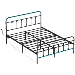 HOMCOM Queen Bed Frame \w Led Lights And Charging Station, Metal Platform Bed Frame \w Under Bed Storage, Steel Slats, No Box Spring Needed, Noise