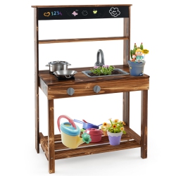 COSTWAY Kids Mud Kitchen Play Kitchen With Blackboard, Stoves, Removable Sink Natural