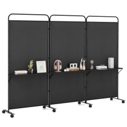 COSTWAY 3-Panel Room Divider With Storage Shelves 6Ft Tall Folding Privacy Screen On Wheels Black/white/gray/brown