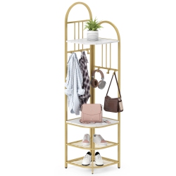 COSTWAY 4-Tier Coat Rack Corner Hall Tree With Shoe Storage Bench 6 Removable Hooks Bedroom Brown/natural/white