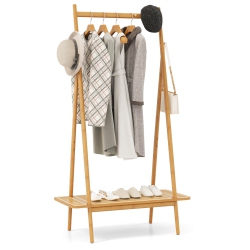 COSTWAY Bamboo Clothes Rack Clothing Rack With Hanging Rod Rattan Shelf & 5 Copper Hooks Coffee/natural