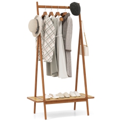 COSTWAY Bamboo Clothes Rack Clothing Rack With Hanging Rod Rattan Shelf & 5 Copper Hooks Coffee/natural