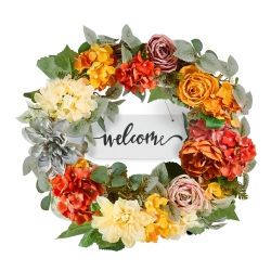 VEVOR 24 In Artificial Decorative Wreath Yellow, Decorated \w Hydrangeas, Roses, Wooden Sign, Year Round Wreath for All Seasons Indoor And Outdoor