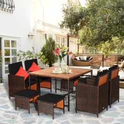 COSTWAY 9PCs Patio Rattan Dining Set Cushioned Chairs Ottoman Wood Table Top