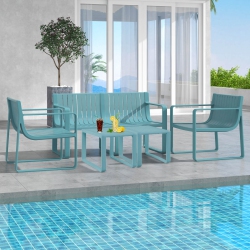 COSTWAY 5 PCs Patio Furniture Set With 1 Loveseat 2 Patio Chairs & 2 Side Tables Blue/white