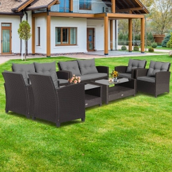 COSTWAY 8 PCs Patio Rattan Furniture Set Glass Table Shelf Sofa Cushion In Gray