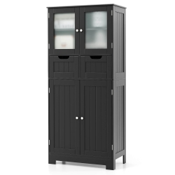 COSTWAY Bathroom Floor Storage Cabinet Kitchen Cupboard With 2 Drawers & Glass Doors White/gray/black