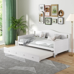COSTWAY Twin Size Daybed With Trundle Solid Wood Sofa Bed With Slats Support Guest Bed White/gray