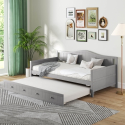 COSTWAY Twin Size Daybed With Trundle Solid Wood Sofa Bed With Slats Support Guest Bed White/gray
