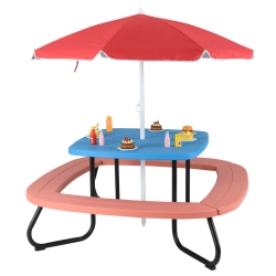 COSTWAY Kids Picnic Table Outdoor Activity Table With Adjustable & Collapsible Umbrella Blue/white/brown