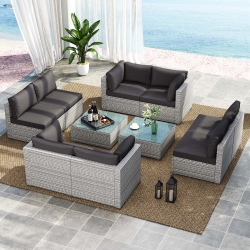 COSTWAY 5/10 PCs Outdoor Patio Sectional Sofa Couch Pe Rattan Conversation Set Black/gray
