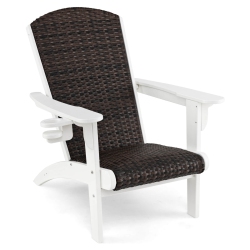 COSTWAY Patio Adirondack Chair With Rattan Padded Seat Wide Armrests & Hidden Cupholder