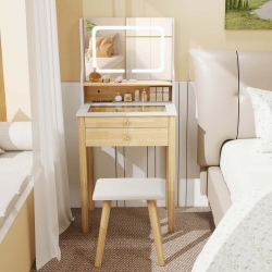 COSTWAY Small Vanity Desk Set With Adjustable Led Lighted Mirror And Power Outlets In White