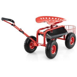 COSTWAY Garden Cart Patio Wagon Roll Work Seat With Tray Basket Extendable Handle Blue/red/green