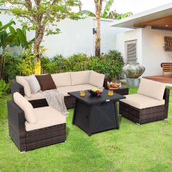 COSTWAY 7PCs Patio Rattan Furniture Set Fire Pit Table Cover Cushion