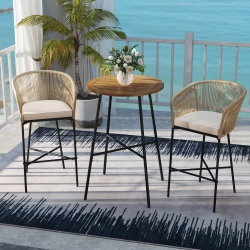 COSTWAY 3 PCs Rope Woven Patio Bar Set With Soft Cushions And Acacia Wood Tabletop