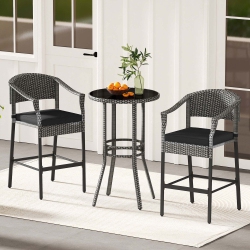 COSTWAY 3-Piece Patio Rattan Bar Set Wicker Bar Height Armchairs & Round Table