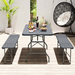 COSTWAY 3 PCs Folding Picnic Table Set With 6 Ft Table & 2 Benches HDpe Wood-Like Tabletop Brown/gray