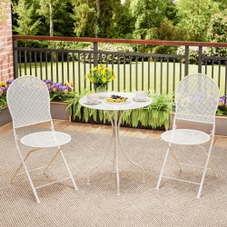 COSTWAY 3 PCs Metal Bistro Set Round Table & 2 Folding Chairs With Rattan-Like Pattern Black/white