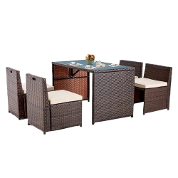 EROMMY 5-Piece Patio Dining Set - Space-Saving Wicker Sectional \w Tempered Glass Table & Cushions, Outdoor Conversation Set For