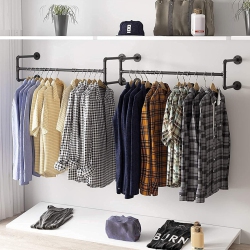 UNHO Wall Mounted Clothes Rack 42.9In Industrial Pipe Wall Mount Clothing Rack, Heavy Duty Iron Garment Rack, Space Saver Multi-Purpose Hanging Rod