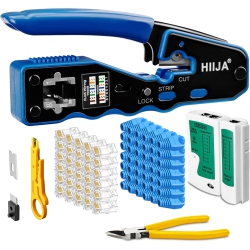 HIIJA Rj45 Crimper, Rj45 Crimp Tool Pass Through Cat5 Cat5E Cat6 Crimping Tool Kit for Rj45 Regular, 50PCs Cat6 Pass Through Connectors, Mini Wire