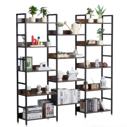 VEVOR 14-Tier Triple Metal Bookshelf, Industrial Bookshelf, Large Rustic Vintage Storage Bookcase \w Open Shelves, Freestanding Display Shelving