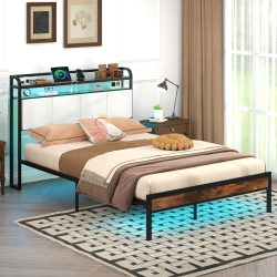 GYMAX Full Size Bed Frame W/led Light & Charging Station Heavy Duty Metal Platform Bed
