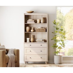 WAMPAT 3 Tier Bookshelf \w 3 Drawers, 72" Tall Bookcase Large Farmhouse Display Book Case Shelf \w 3-Tier Open Book Shelfs，library Wood