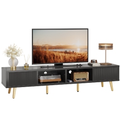 BESTIER 71" Tv Stand With Sliding Doors, Mid-Century Modern Media Console for 75" Tv, Glossy Entertainment Center With Solid Wood Legs