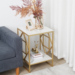 UNHO Marble End Table Modern Luxury Sofa Side Table Nightstand \w Geometric Frame And Sintered Stone Marble Tabletop, Accent Bedside Table Sofa Table